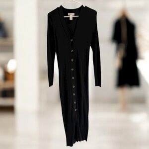 H&M Black Ribbed Button Down Midi Dress M